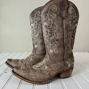 CORRAL TEENS COWBOY BOOTS BROWN IVORY FLORAL STITCHED 4.0 M A1119 SNIP TOE GIRLS